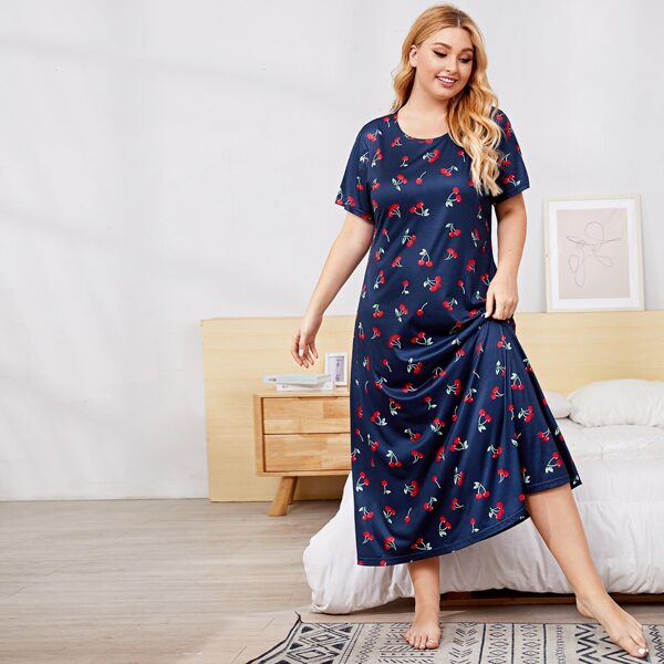 

Plus Allover Cherry Print Nightdress, Navy blue