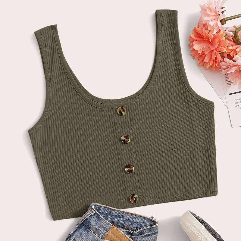 

Button Front Ribbed Crop Tank, Army green