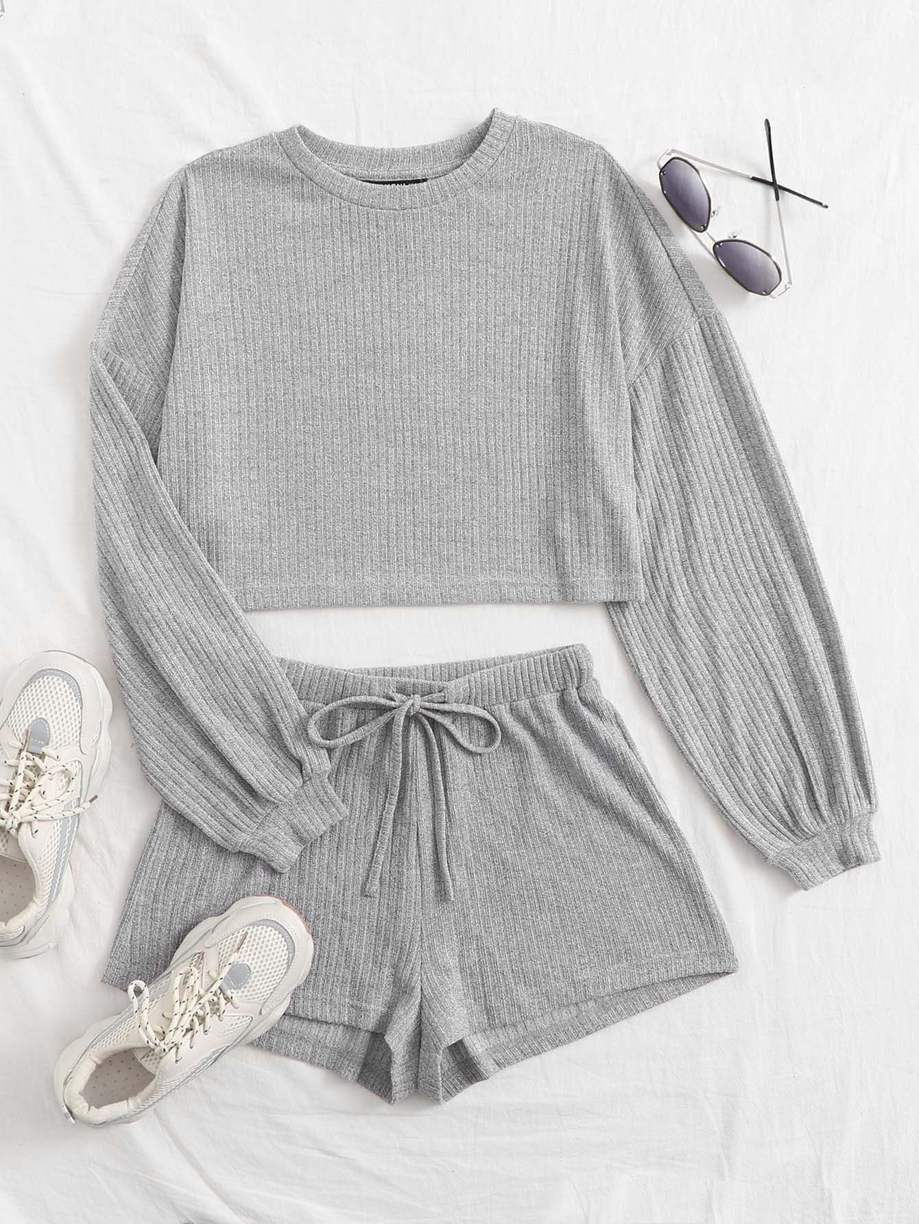 Plus Drop Shoulder Rib-knit Top & Shorts Set thumbnail