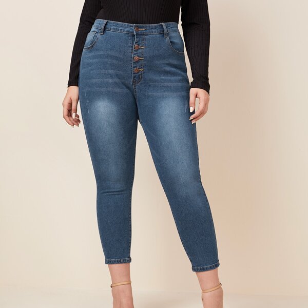 

Plus Button Fly Cropped Jeans, Dark wash