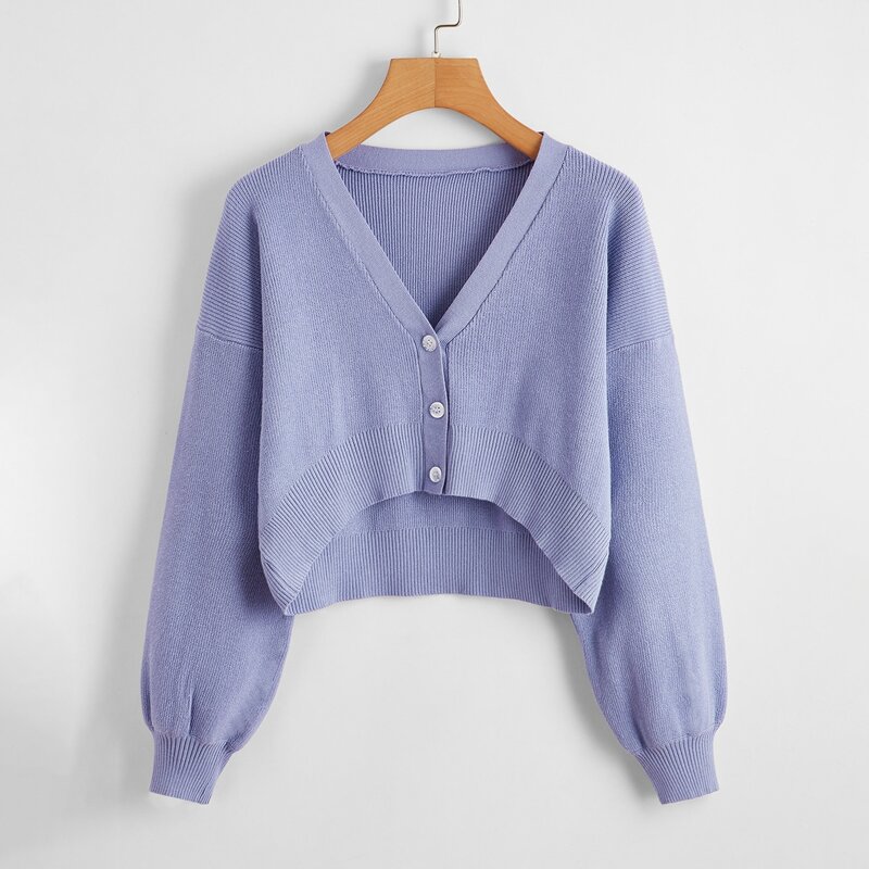 

Solid Button Front Crop Boxy Cardigan, Lilac purple