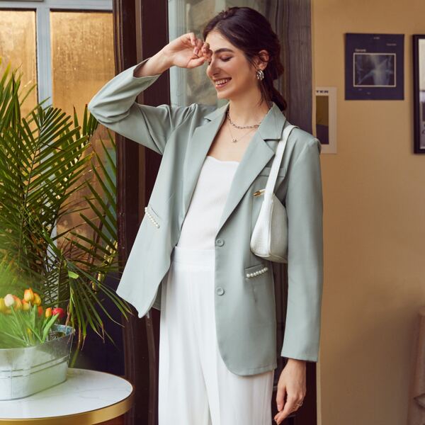 

Button Front Pearls Beaded Blazer, Mint green