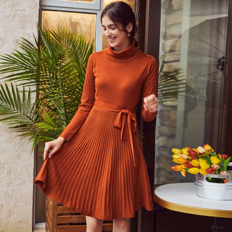

Turtle Neck Belted Sweater Dress, Burnt orange