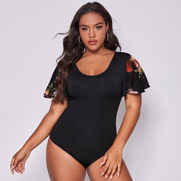 

Plus Floral Print Flutter Sleeve Bodysuit, Black