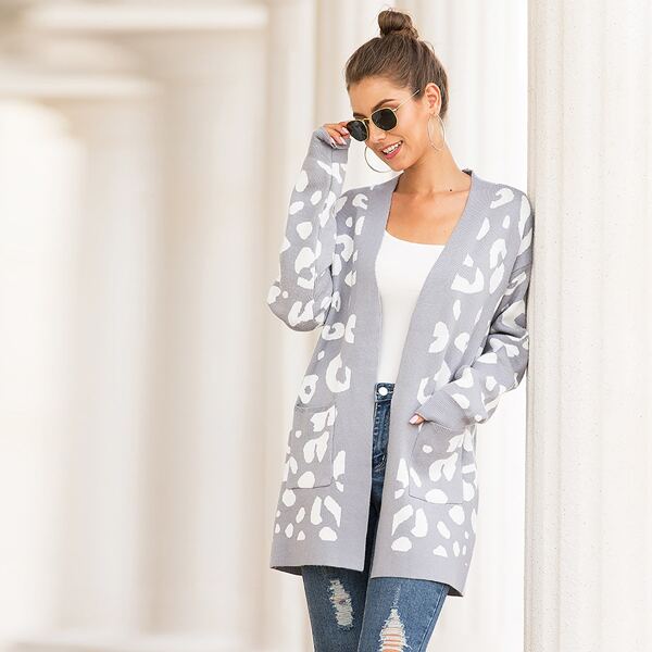 

All Over Pattern Pocket Detail Cardigan, Light grey