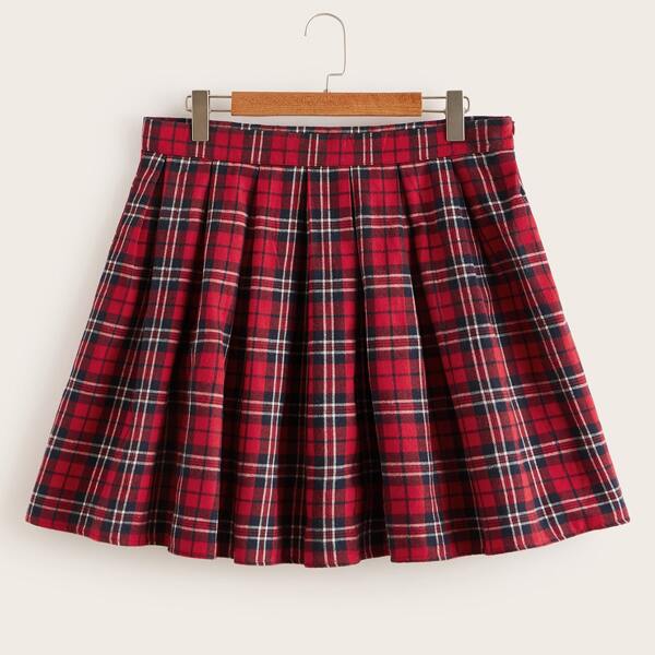 

Plus Tartan Plaid Pleated Skirt, Multicolor