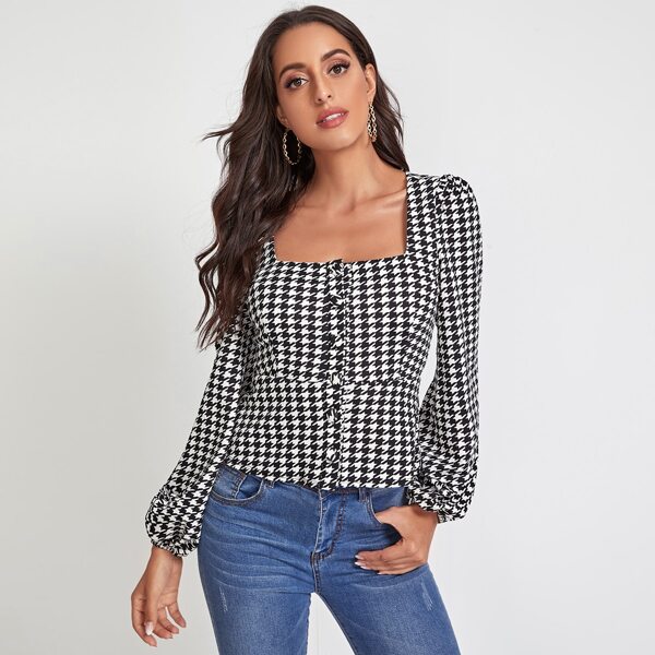 

Lantern Sleeve Houndstooth Pattern Peplum Jacket, Black and white