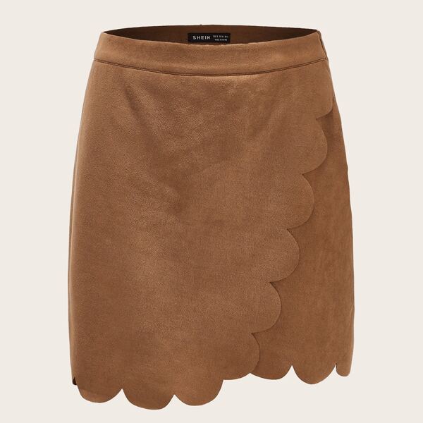 

Solid Scallop Trim Suede Skirt, Brown