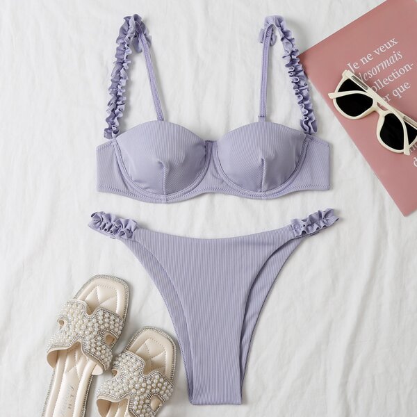 

Rib Frill Trim Underwire Bikini Swimsuit, Dusty purple