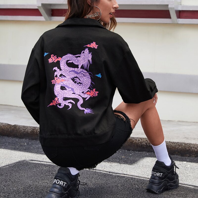 

Single Breasted Flap Detail Dragon Graphic Jacket, Black