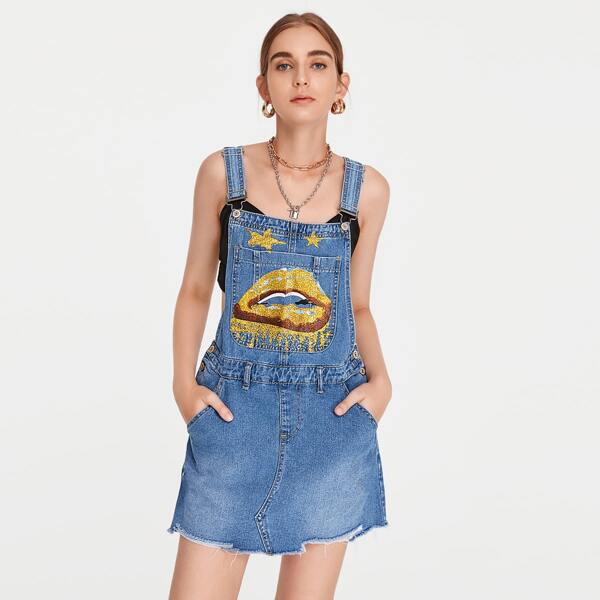 

Geo And Mouth Print Raw Hem Denim Overall Dress, Medium wash