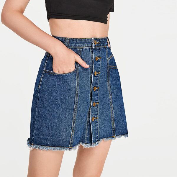 

Single Breasted Raw Hem Denim Skirt, Dark wash