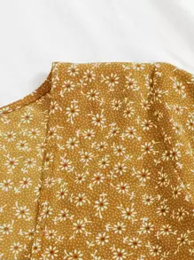 小碎花繫帶荷葉邊下擺襯衫 - 芥末黃 - 查看 4