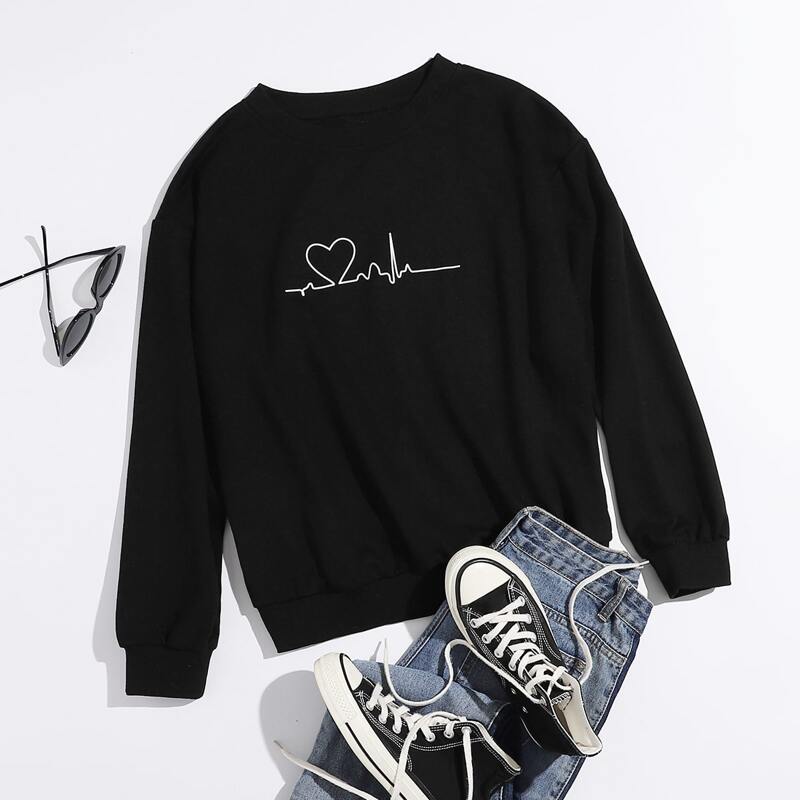 

ECG And Heart Print Sweatshirt, Black