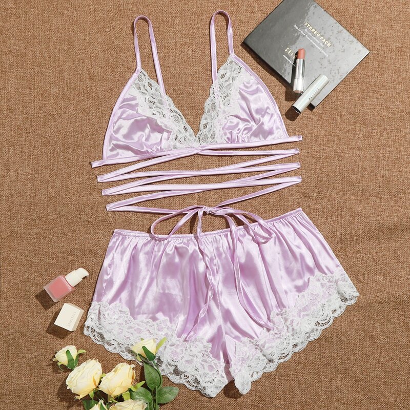 

Lace Trim Crisscross Satin Lingerie Set, Lilac purple