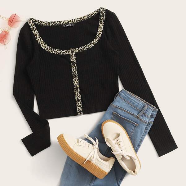 

Plus Button Front Leopard Panel Rib-knit Tee, Black