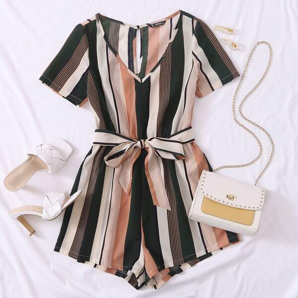 

Plus Keyhole Back Striped Belted Romper, Multicolor