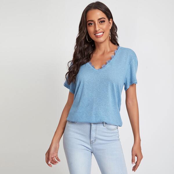 

Slub Knit V-Neck Lace Tee, Bright baby blue