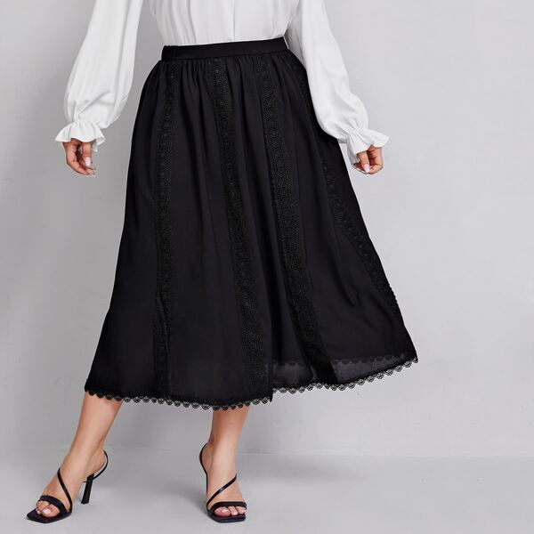 

Plus Elastic Waist Lace Detail Flare Skirt, Black