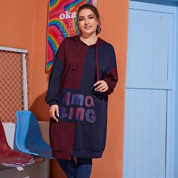 

Plus Two Tone Drop Shoulder Letter Patch Pocket Drawstring Hoodie, Multicolor