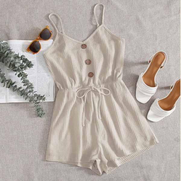 

Button Front Tie Waist Waffle Knit Cami Romper, Beige