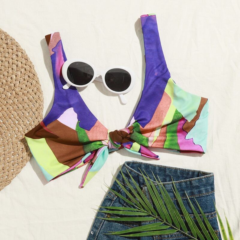 

Allover Graphic Knot Front Bikini Top, Multicolor