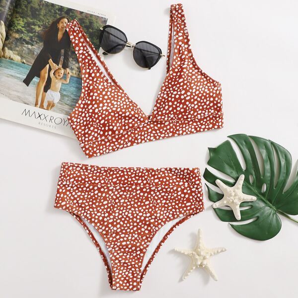 

Dalmatian V Neck Bikini Swimsuit, Rust brown