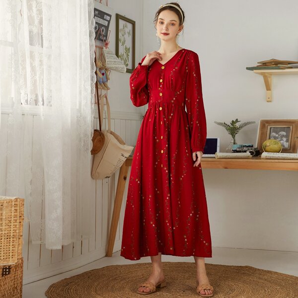 

Floral V-neck Button Front A-line Dress, Red