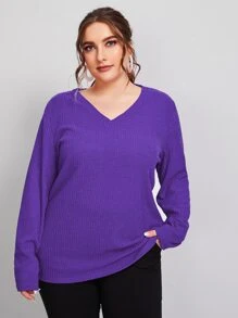 SHEIN Plus V Neck Rib-knit Solid Tee - Violet Purple - View 3