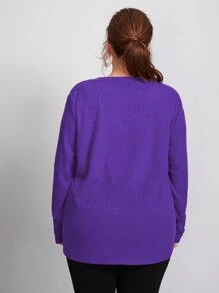 SHEIN Plus V Neck Rib-knit Solid Tee - Violet Purple - View 2