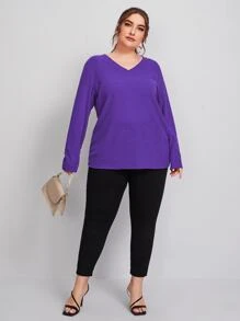 SHEIN Plus V Neck Rib-knit Solid Tee - Violet Purple - View 5