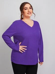 SHEIN Plus V Neck Rib-knit Solid Tee - Violet Purple - View 4