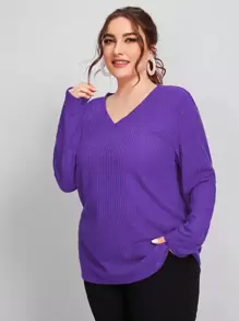SHEIN Plus V Neck Rib-knit Solid Tee - Violet Purple - View 1