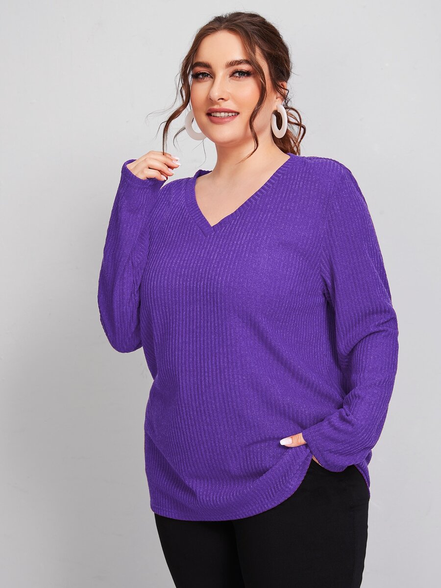SHEIN Plus V Neck Rib-knit Solid Tee - Violet Purple - View 1