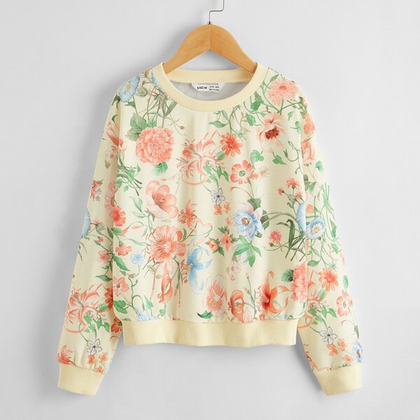 

Girls Drop Shoulder Floral Print Pullover, Multicolor
