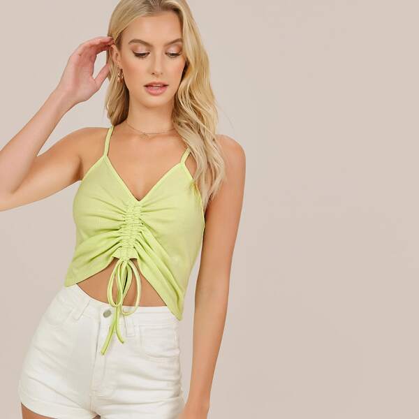 

Drawstring Ruched Front Rib-knit Cami Top, Bright lime green