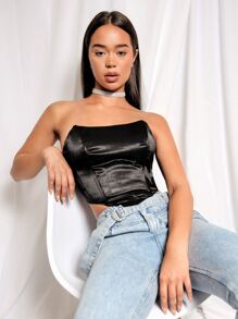 SHEIN Zipper Back Satin Tube Top - Black - View 1