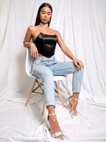 SHEIN Zipper Back Satin Tube Top - Black - View 3