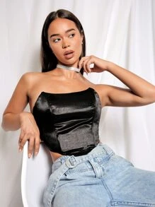 SHEIN Zipper Back Satin Tube Top - Black - View 5