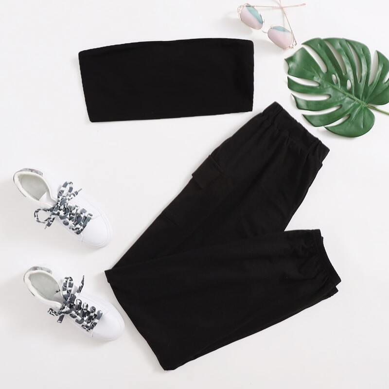 

Solid Tube Top & Cargo Joggers, Black