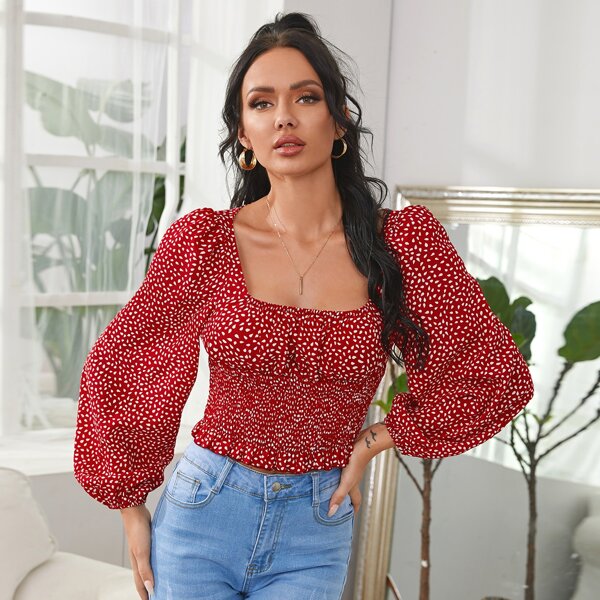 

Square Neck Lantern Sleeve Allover Print Shirred Waist Top, Red