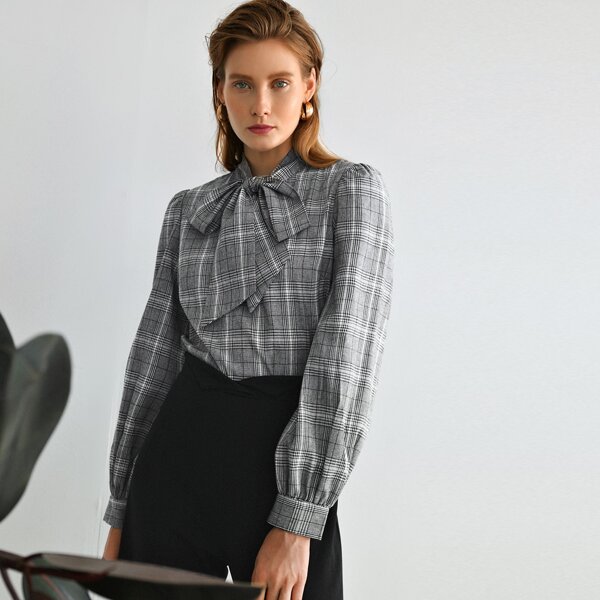 

Tie Neck Puff Sleeve Curved Hem Plaid Top, Grey