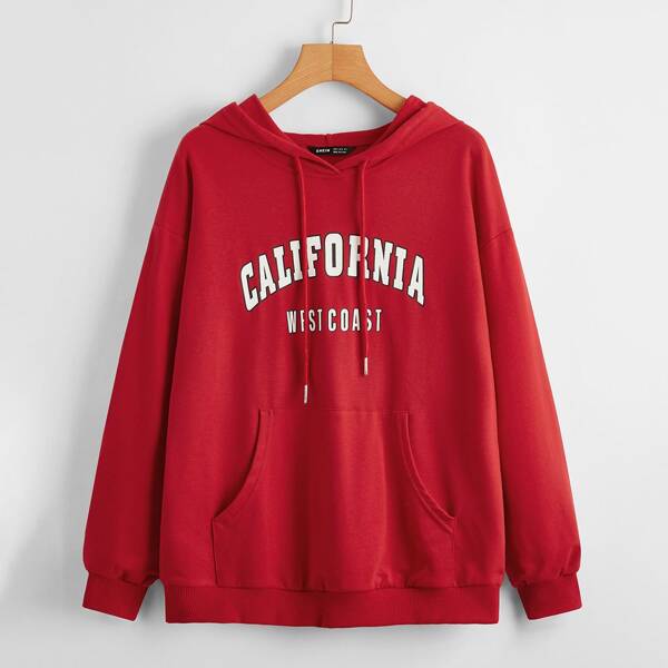 

Letter Graphic Kangaroo Pocket Hoodie, Red