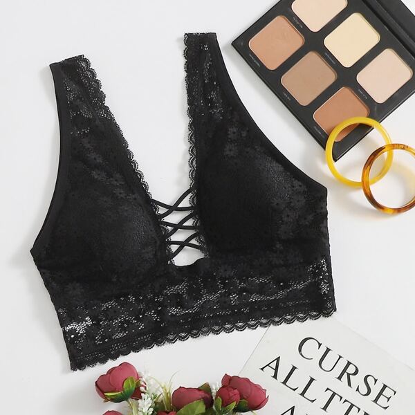 

Floral Lace Scallop Trim Crisscross Bra, Black