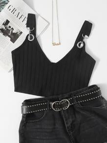Grommet Strap Rib-đan Crop Top - màu đen - Xem 1
