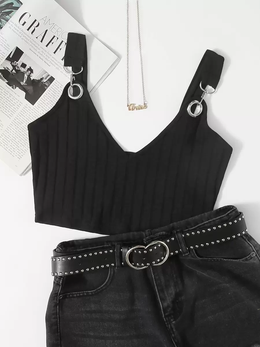 Grommet Strap Rib-đan Crop Top - màu đen - Xem 1