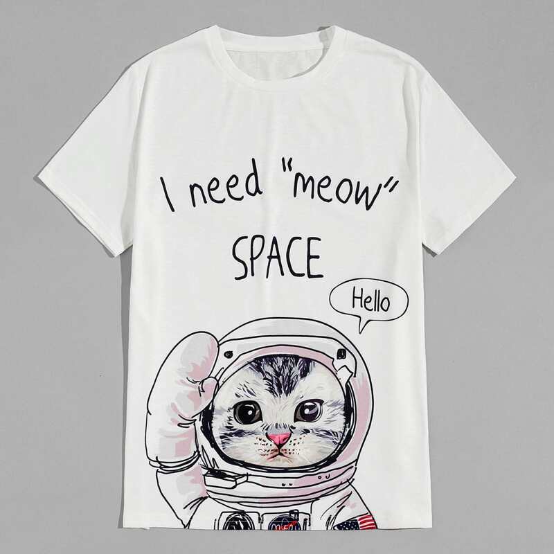 

Men Cartoon Cat And Slogan Graphic Tee, White