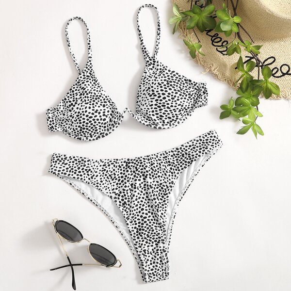 

Dalmatian Underwire High Leg Bikini Swimsuit, Black and white