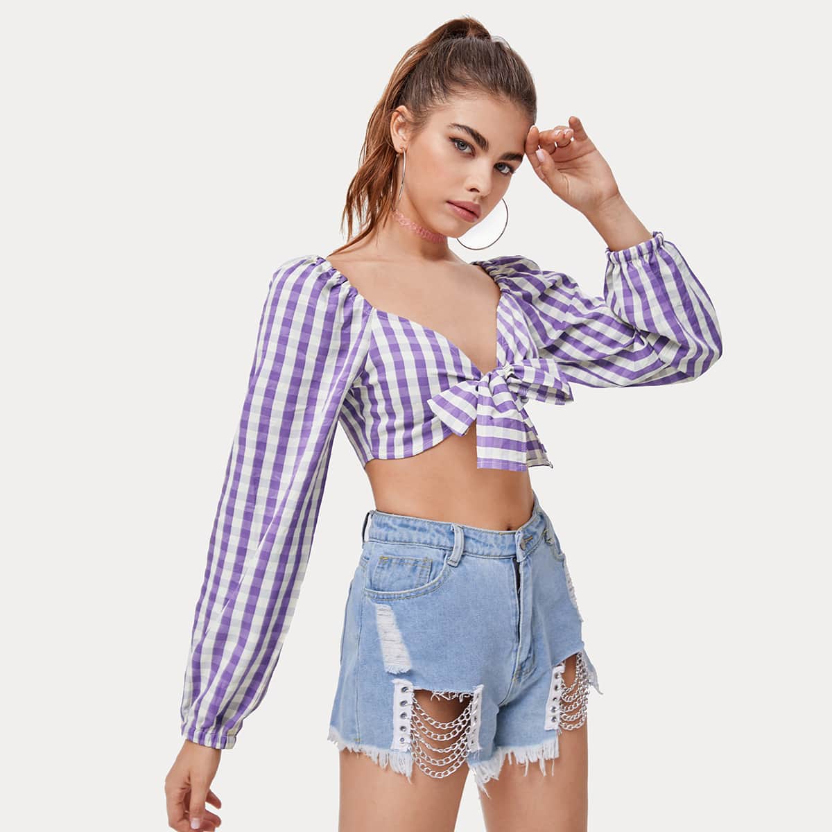 

Plaid Tie Front Crop Top, Multicolor