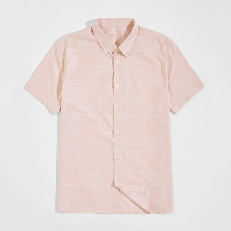 

Men Plaid Button Up Shirt, Pastel baby pink